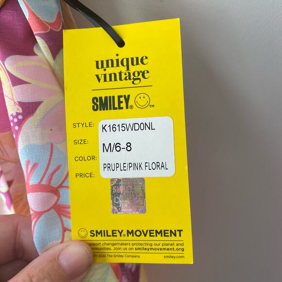 Unique Vintage + Smiley Purple Floral Wrap Midi Dress SZ 6-8 Retro Floral‎ Flowy - Picture 8 of 12